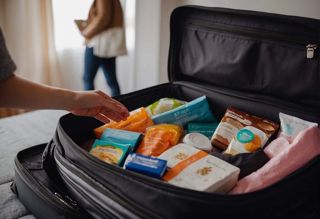 A pregnant woman packing a suitcase with prenatal vitamins, comfortable clothing, and a travel pillow. She is researching nearby hospitals and packing healthy snacks