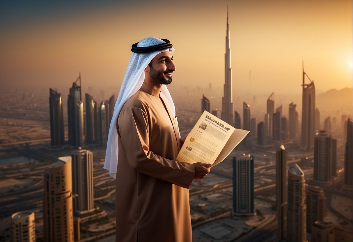Un profesional parado frente al horizonte de los Emiratos Árabes Unidos, con un certificado. Los rodean íconos de educación, experiencia y habilidades. El sol se pone y proyecta un cálido resplandor sobre la ciudad.