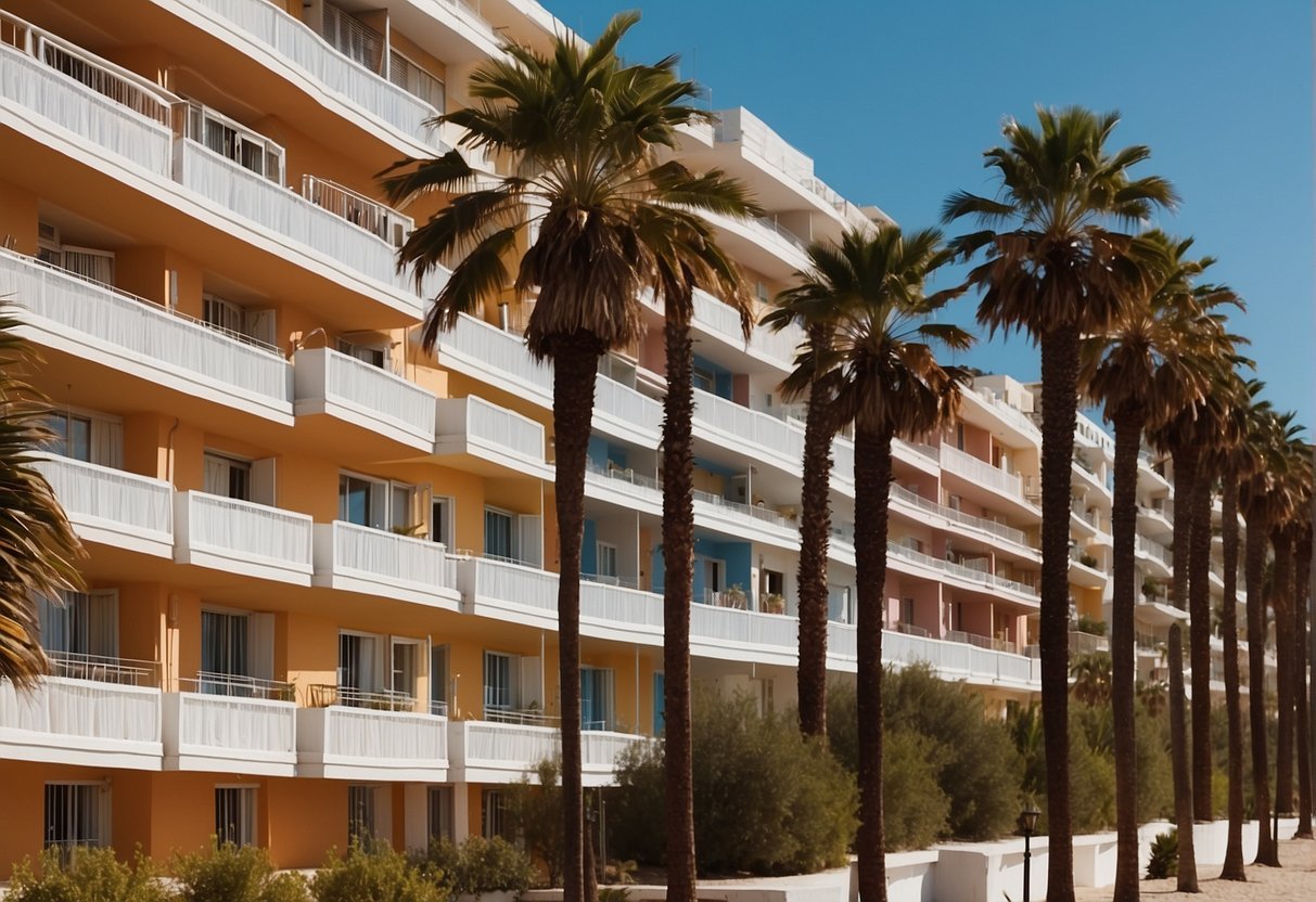 A row of colorful hotels in Spain, with balconies and palm trees, overlooks a sandy beach and the sparkling blue sea