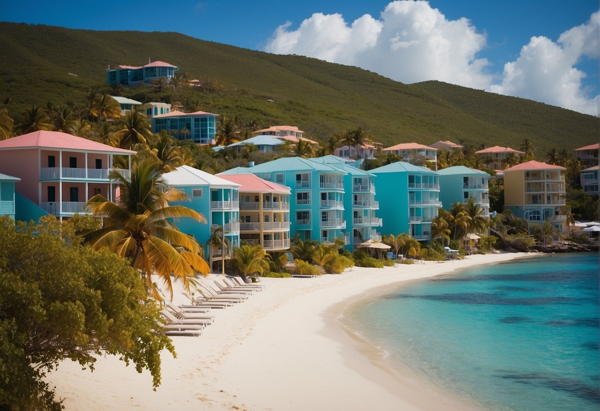 A row of colorful hotels line the sandy beaches of the British Virgin Islands, with palm trees swaying in the gentle ocean breeze
