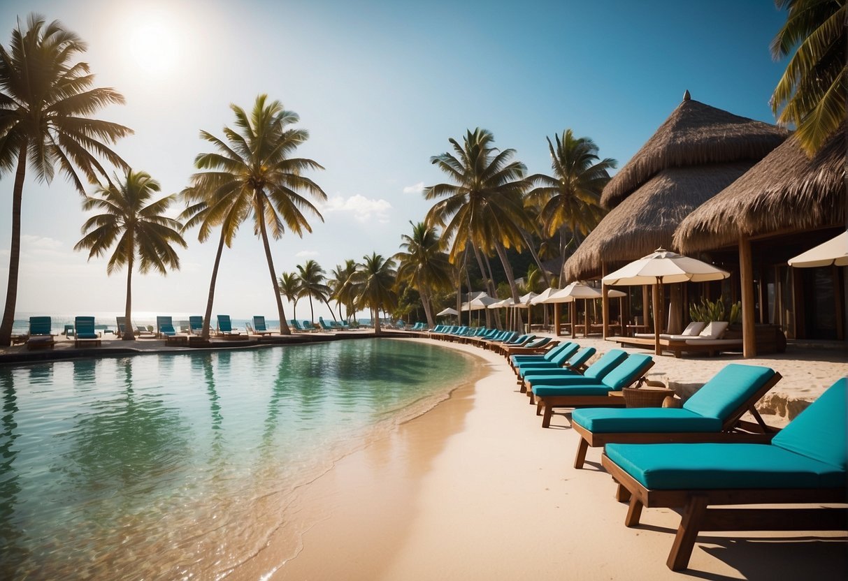 A serene beach resort with palm trees, crystal-clear waters, and luxurious cabanas, offering affordable luxury for travelers seeking relaxation and indulgence