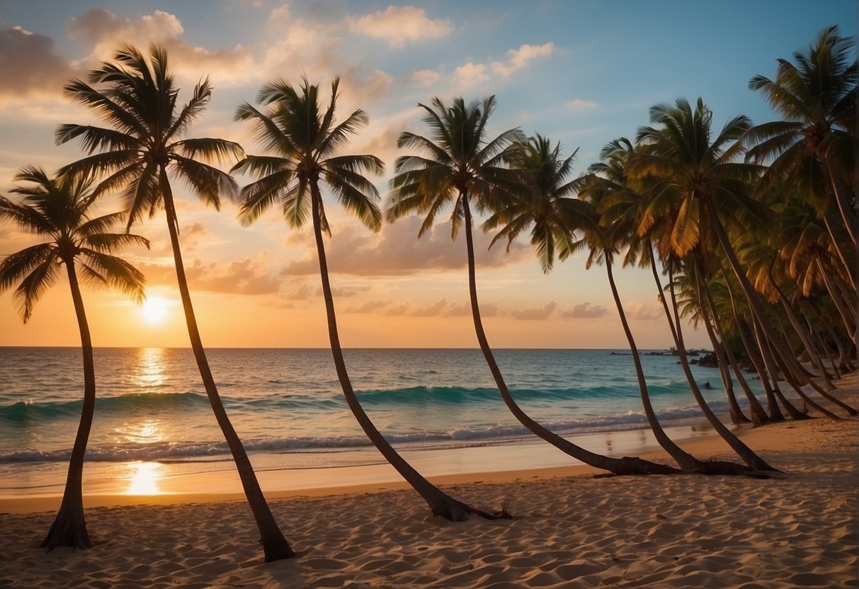 宁静的海滩，清澈见底的海水，棕榈树在微风中摇曳，色彩斑斓的日落将天空描绘得绚丽多彩
