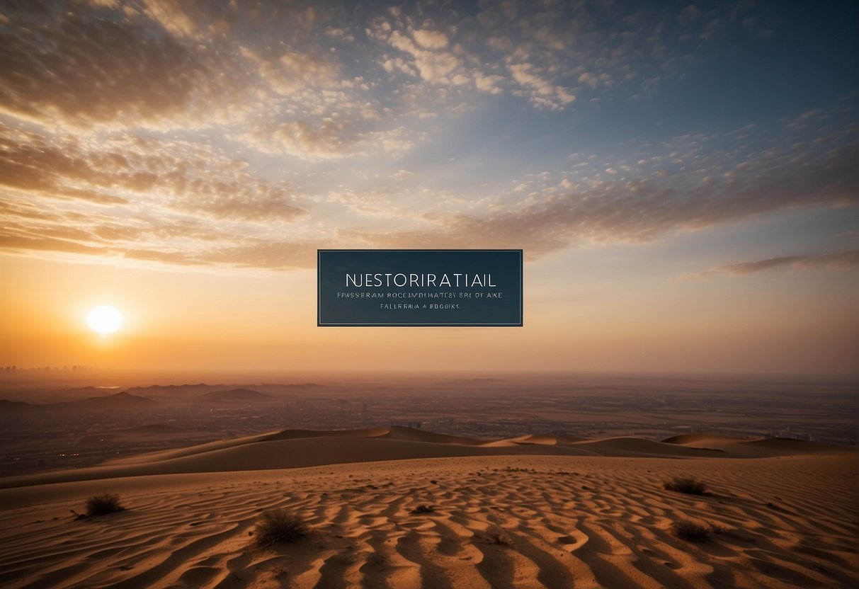 Un sereno paisaje desértico con un vibrante amanecer, con vistas al horizonte de una ciudad en los Emiratos Árabes Unidos, con las palabras "Inspirational Frameworks" y citas de éxito flotando en el cielo.