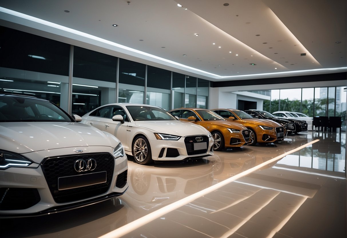 A sleek, modern luxury car rental showroom in Bangkok with a variety of high-end vehicles on display. Bright lights illuminate the polished cars, and a professional staff member assists a customer in selecting their dream car