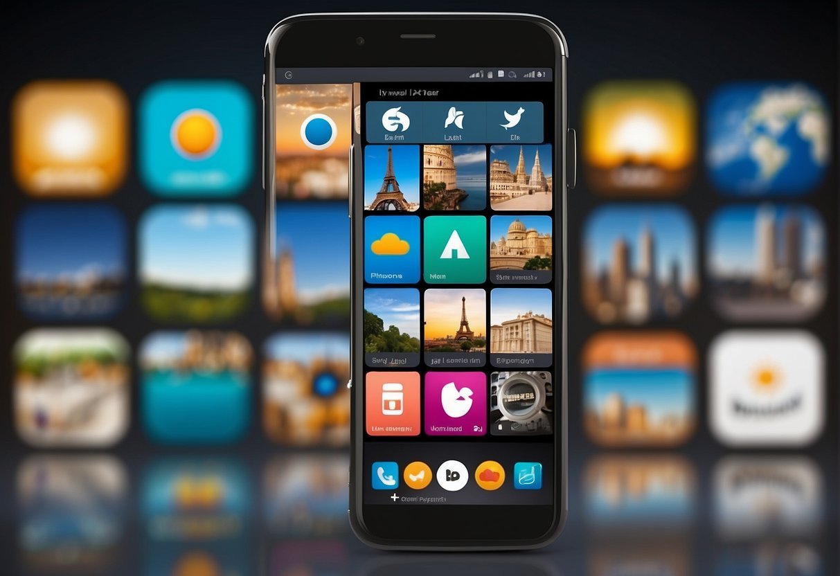 A smartphone displaying 8 travel app icons with various international landmarks in the background