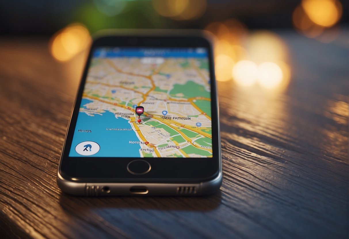 Смартфон с приложениями для навигации и размещения, со значками карт, бронирования отелей и языкового перевода.