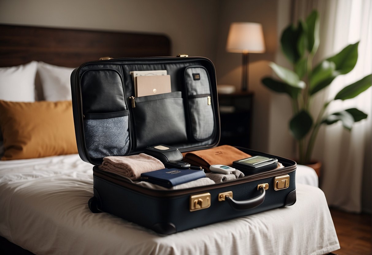 A suitcase open on a bed, filled with clothes, toiletries, and electronic gadgets. A passport and travel documents are neatly placed on top