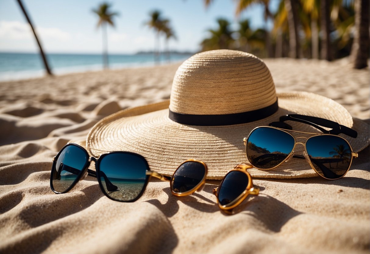 Шляпа от солнца, солнцезащитные очки, купальники, сандалии и пляжное платье на песчаном пляже с пальмами на заднем плане.