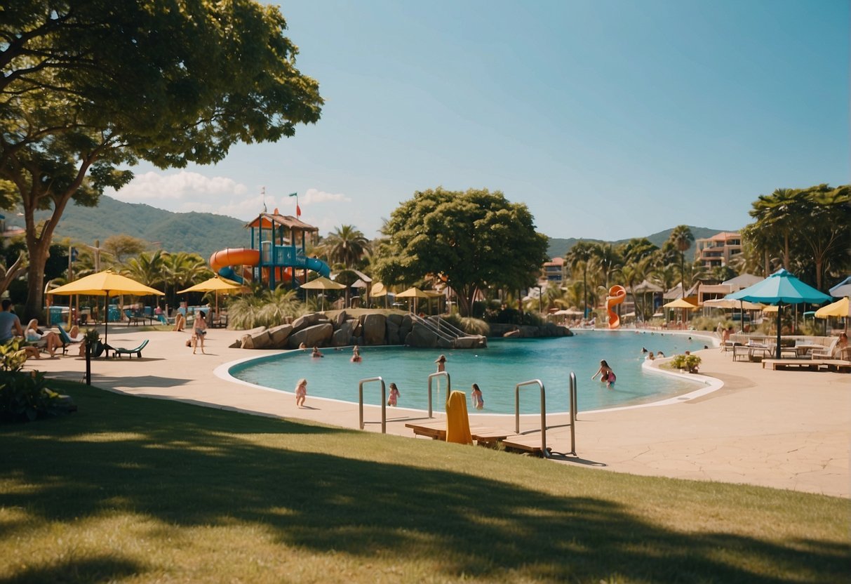 A sunny beach with calm, shallow waters, colorful playgrounds, and family-friendly resorts surrounded by lush greenery and gentle rolling hills