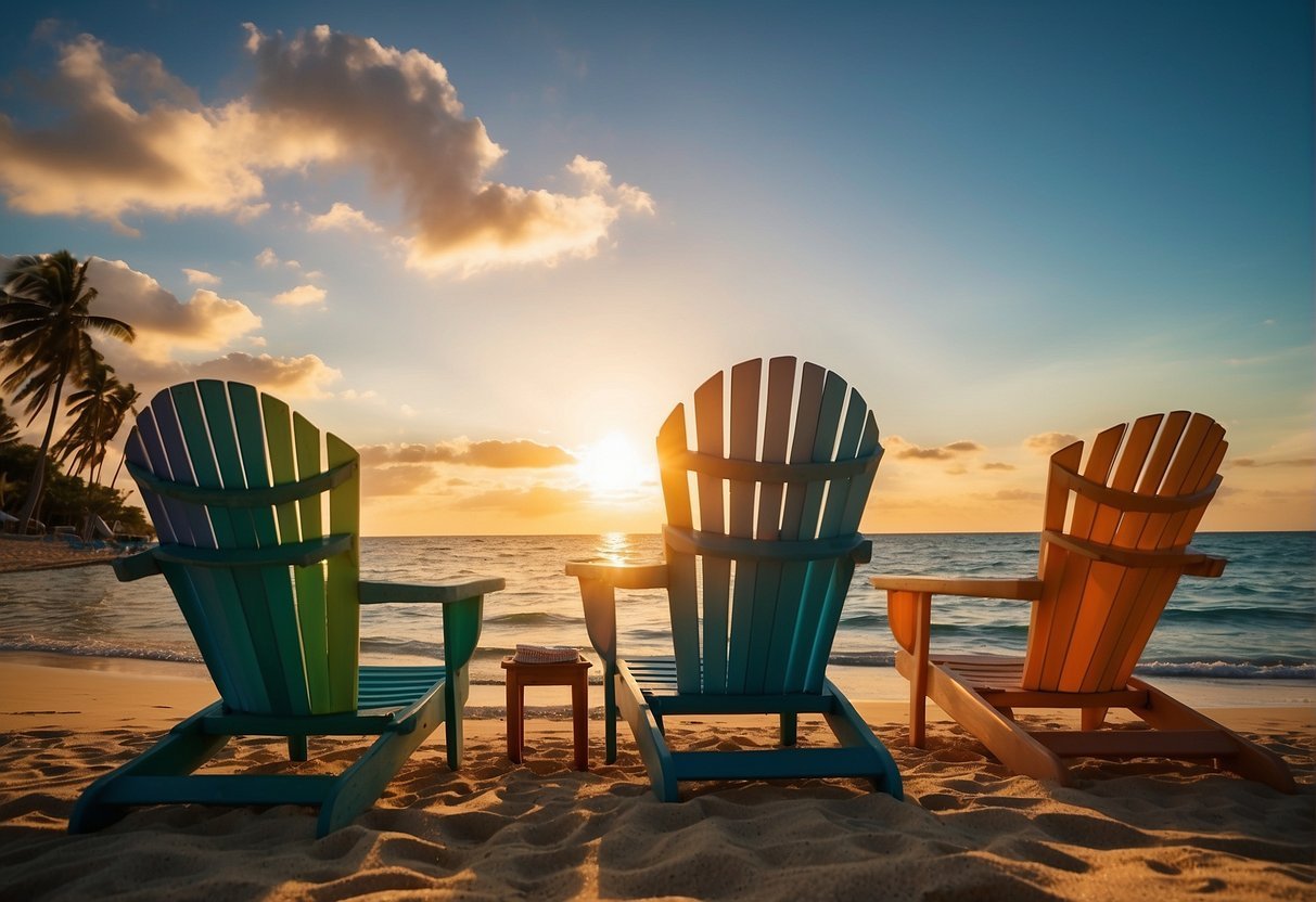 A sunny beach with palm trees, crystal clear waters, and a couple of beach chairs facing the ocean. A colorful sunset paints the sky as the waves gently crash against the shore