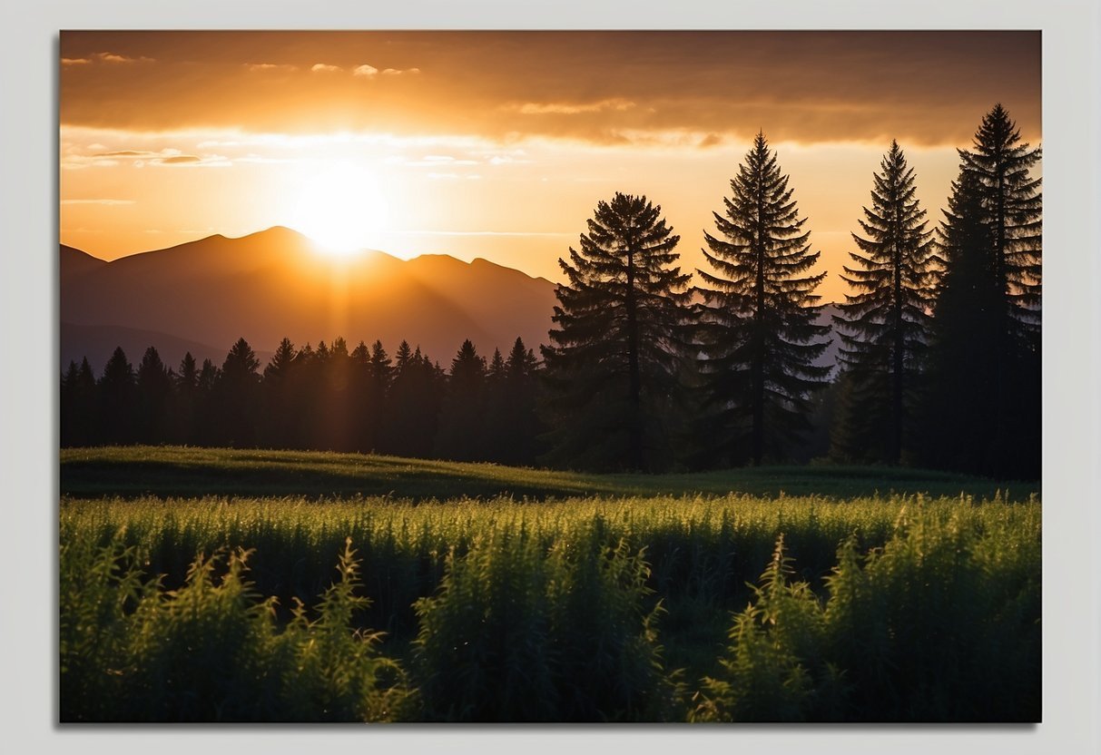 A sunset over a field of treesDescription automatically generated
