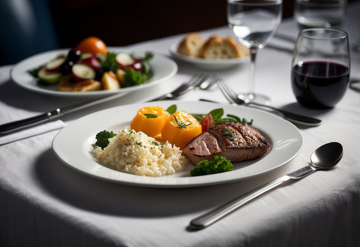 Mesa posta com louça elegante, guardanapo de linho branco e refeição gourmet servida na primeira classe da American Airlines
