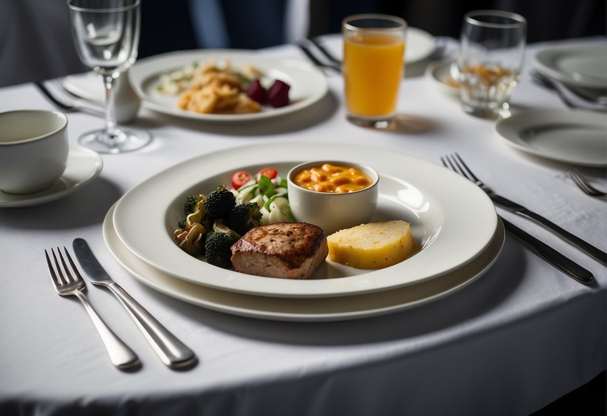 A table set with elegant dinnerware, a white tablecloth, and a gourmet meal tray labeled "American Airlines First Class Meals."