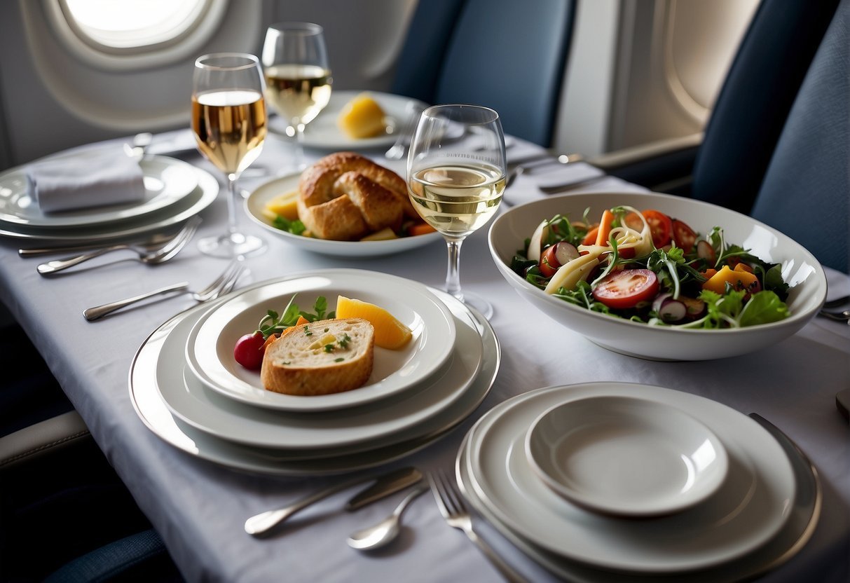Uma mesa posta com pratos elegantes, talheres e copos apresentando uma refeição gourmet servida na cabine de primeira classe da American Airlines