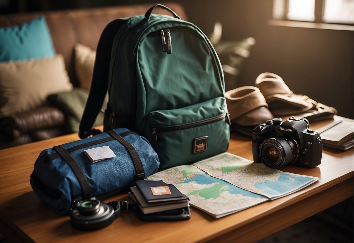 Uma mesa com mapa, passaporte e guia de viagem. Roupas e equipamentos sendo dobrados e guardados em uma mochila. Snorkel, botas de caminhada e câmera nas proximidades