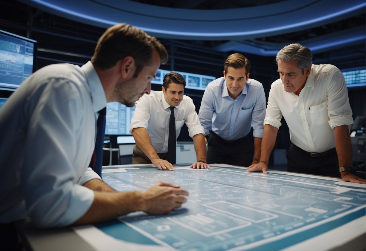 Uma equipe de engenheiros e arquitetos colabora na planta de um novo navio de cruzeiro, rodeada de desenhos técnicos e modelos de computador