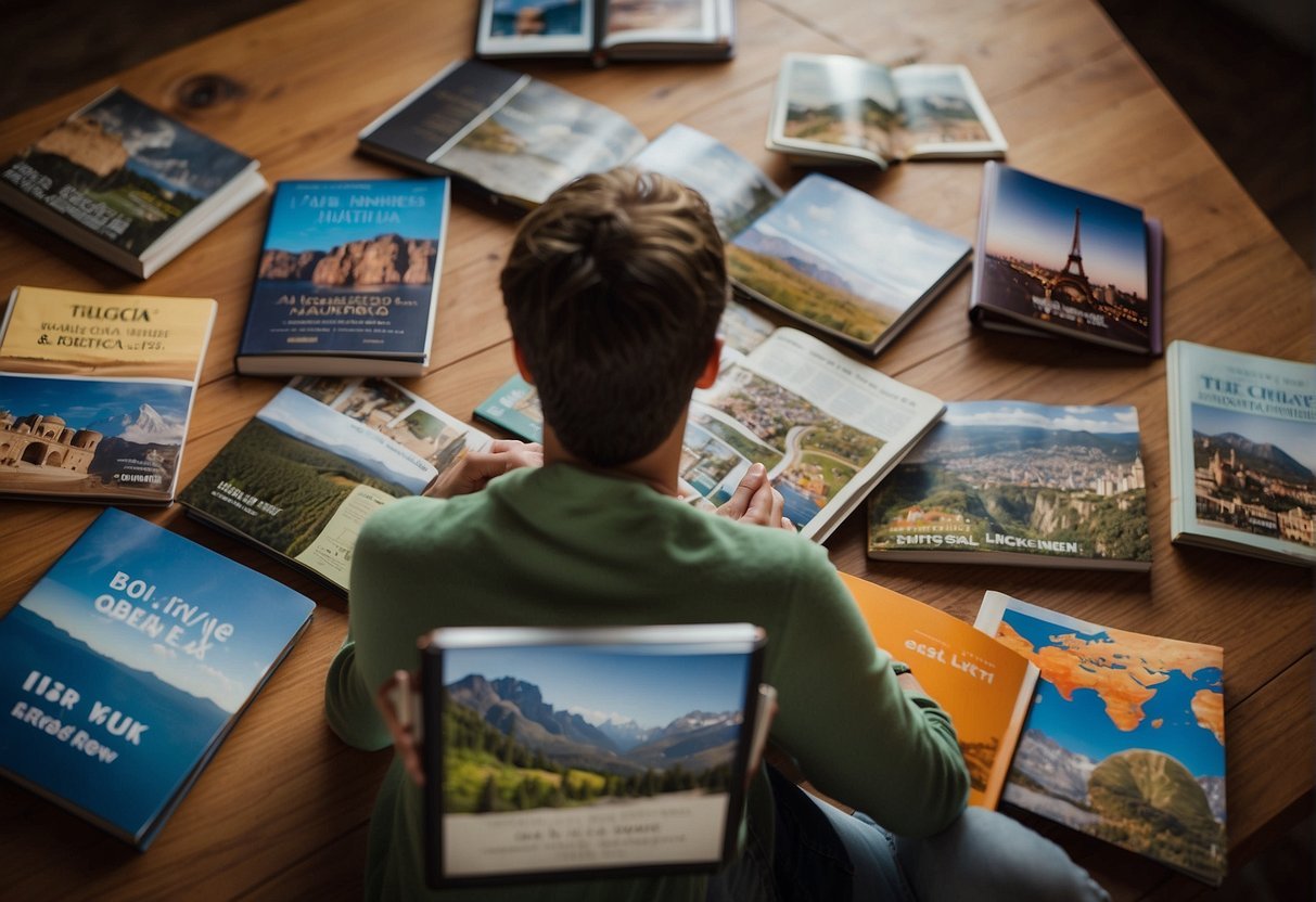 A traveler browsing through a selection of travel guides, comparing their features and benefits to choose the best one for their upcoming trip