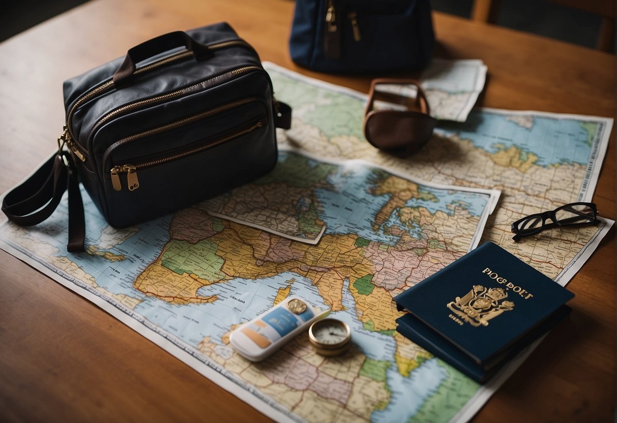 A traveler carefully counts money while looking at a map of budget-friendly destinations. A backpack and passport lay nearby