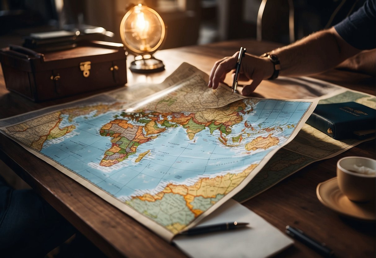 旅行者は地図、ガイドブック、ノートパソコンを持って机に座り、旅行の計画を立てています。旅行でよくある間違いとそのヒントのリストが散りばめられています