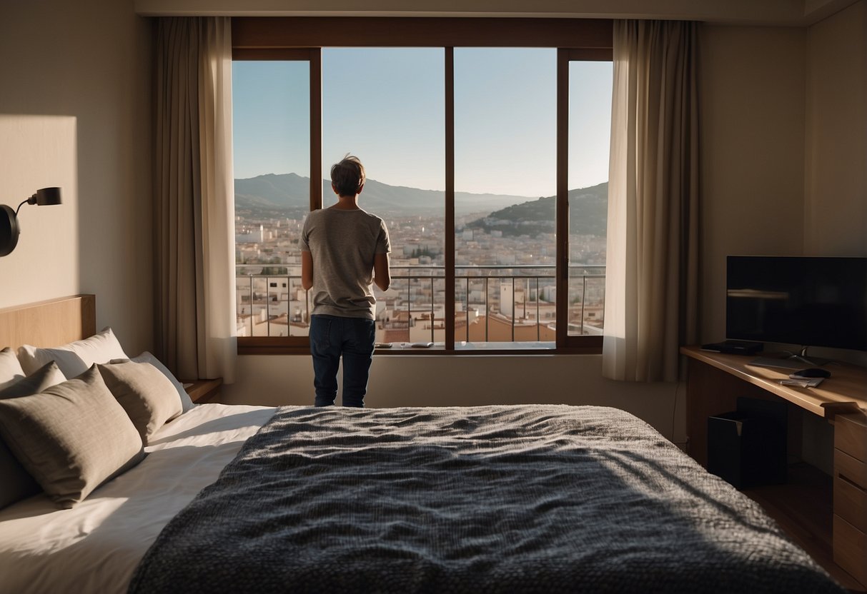 A traveler unpacks in a cozy hotel room in Spain, with a comfortable bed, a small desk, and a view of the city from the window