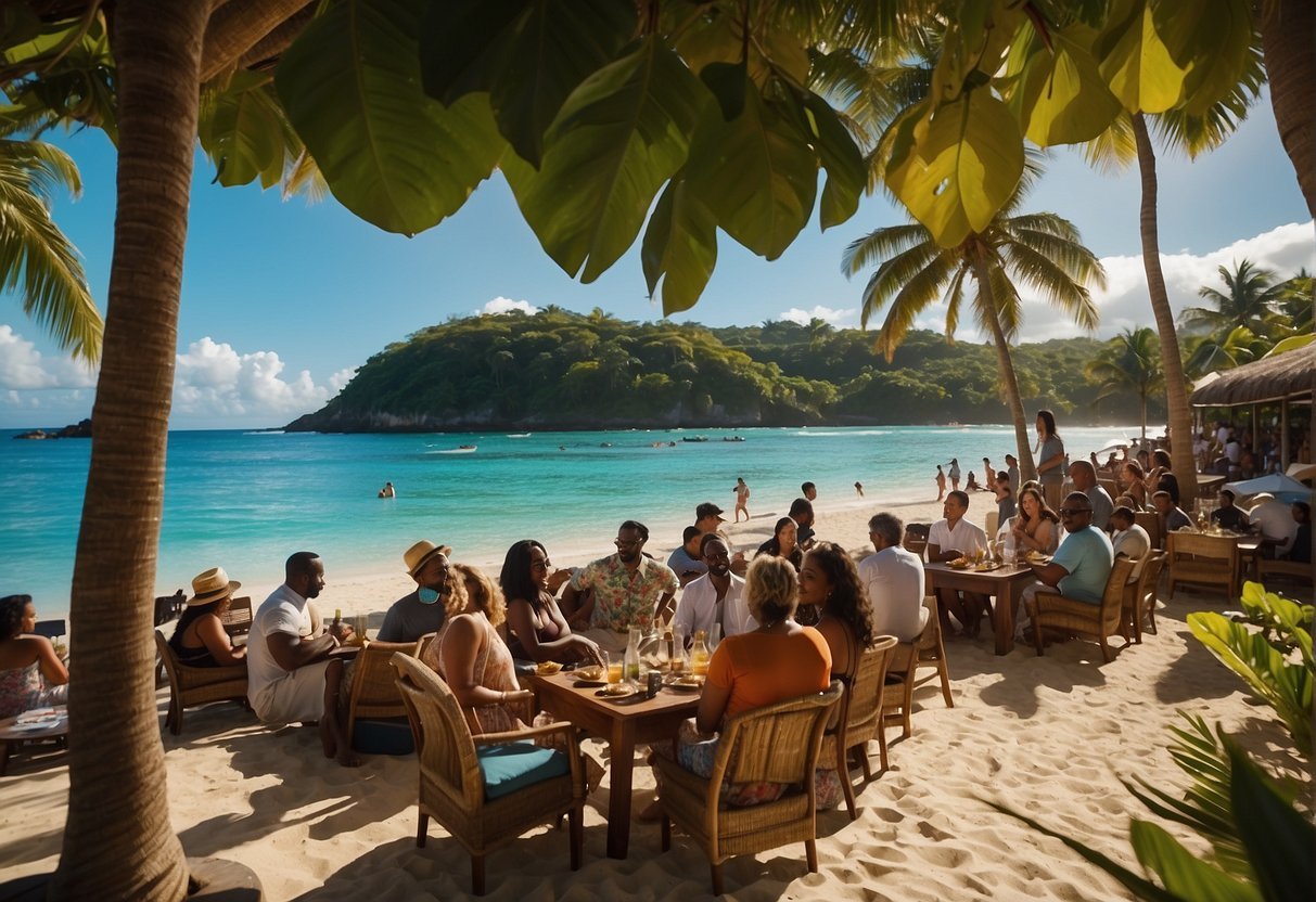 A vibrant beach scene with crystal-clear waters, lush greenery, and colorful tropical flowers. A reggae band plays in the background, while tourists enjoy local cuisine and explore the island's rich culture