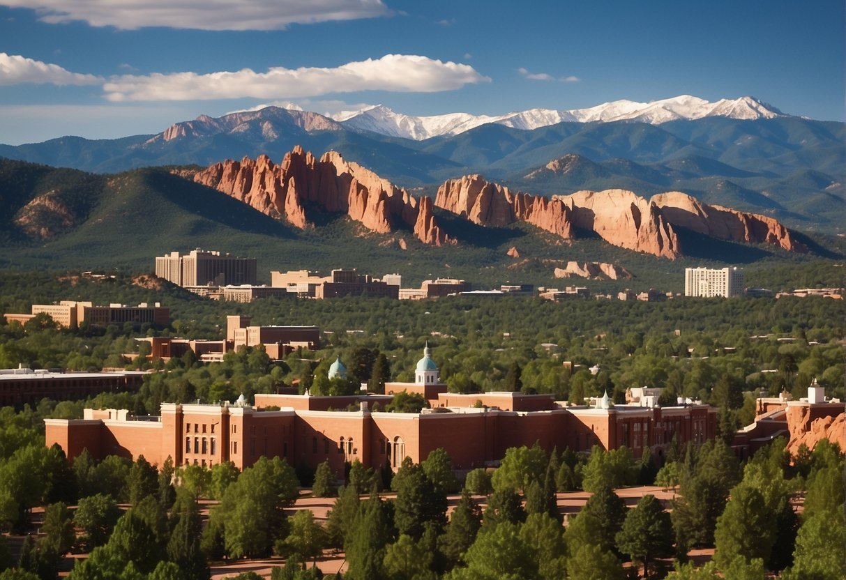 A vibrant cityscape with iconic landmarks, including Pikes Peak and the Garden of the Gods, surrounded by lush greenery and historical architecture