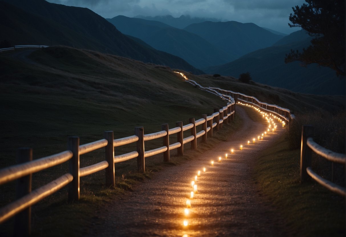 A winding path with barriers, leading towards a glowing light