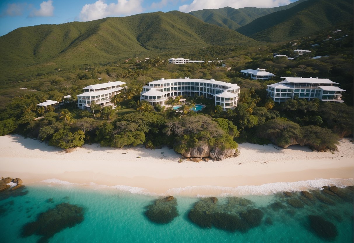 Aerial view of luxury hotels nestled among lush greenery on the British Virgin Islands coastline