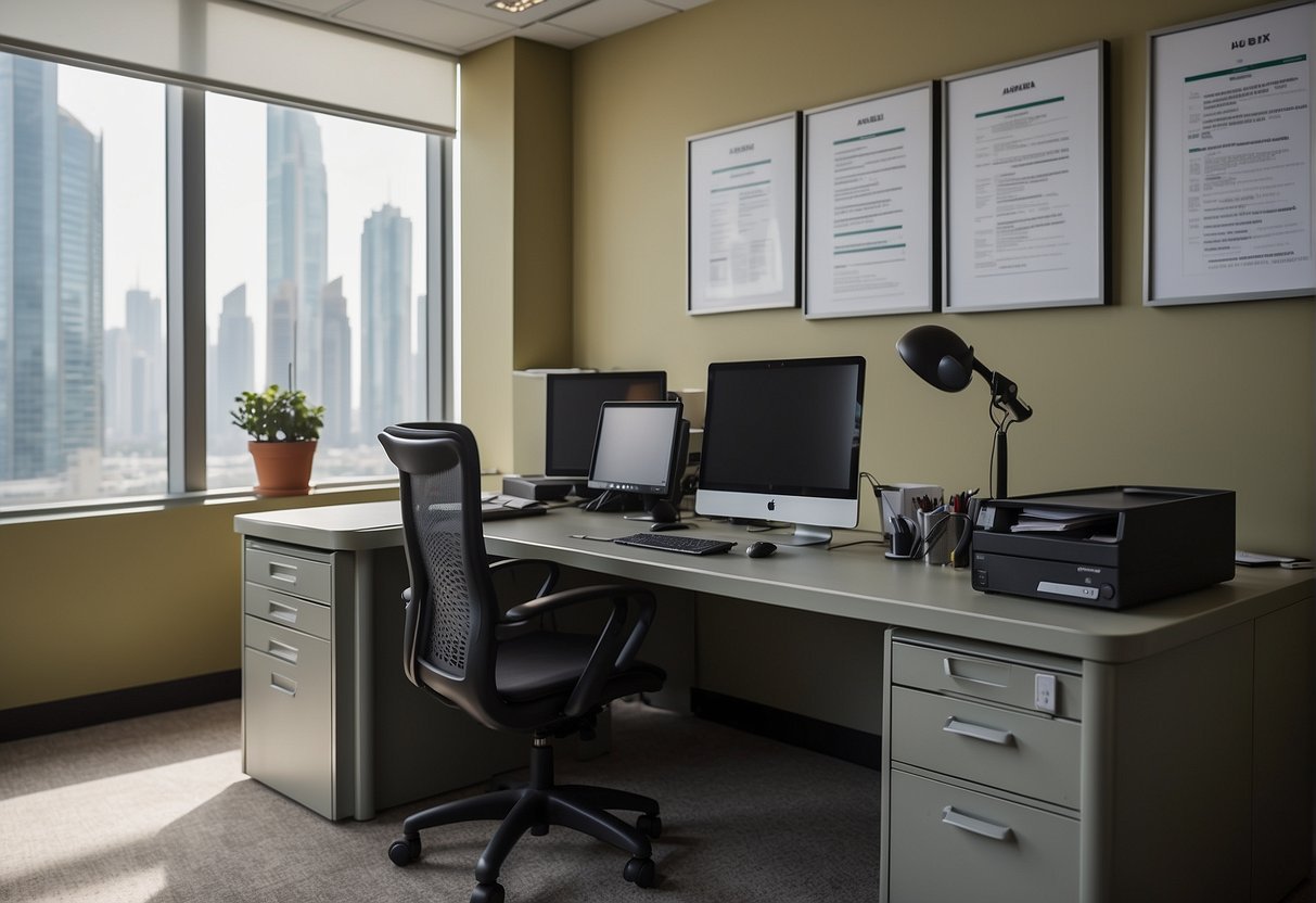Um ambiente de escritório com mesa, computador e papelada. Uma placa na parede diz “Oportunidades de estágio em Abu Dhabi”. Requisitos listados em um quadro de avisos