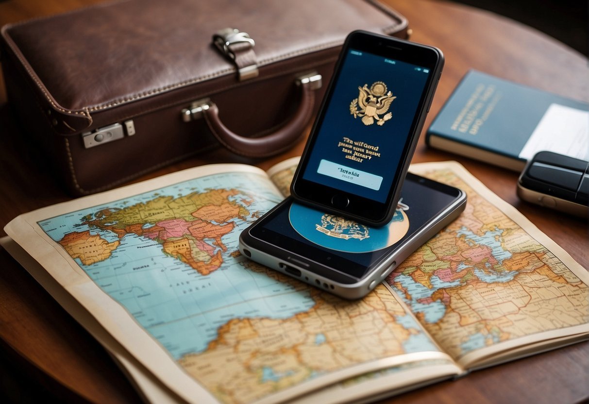 An open suitcase with a world map, passport, and smartphone displaying travel apps. A plane ticket and travel guidebook lay nearby