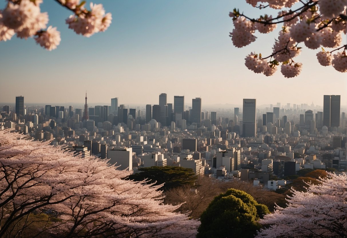 Bustling Tokyo skyline with iconic landmarks and cherry blossom trees