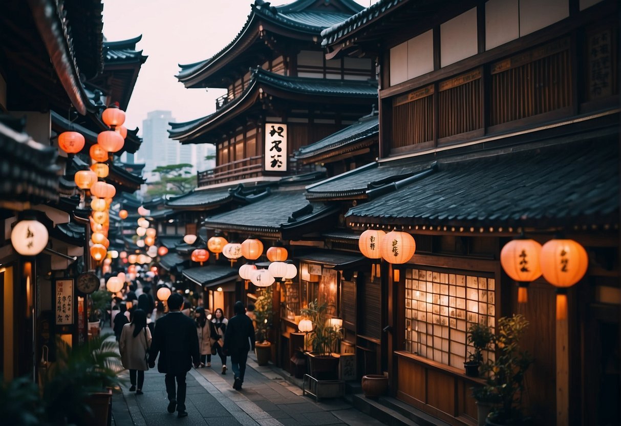 Busy streets of Tokyo, with colorful neon signs and traditional architecture, bustling markets, and serene temples