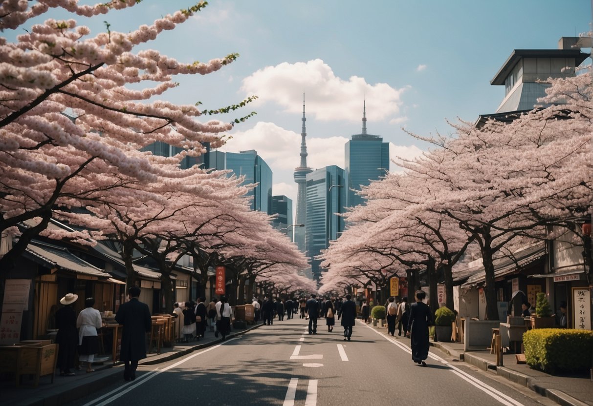 Busy streets of Tokyo, with towering skyscrapers and traditional temples, surrounded by cherry blossom trees and bustling with people and colorful street vendors