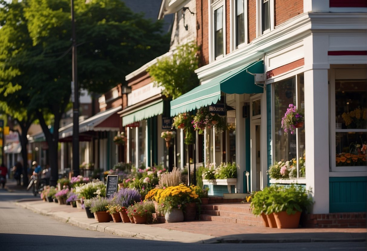 Charming main street with colorful storefronts and blooming flower baskets. Quaint houses with picket fences and lush greenery. A serene town square with a historic courthouse and a lively farmers' market