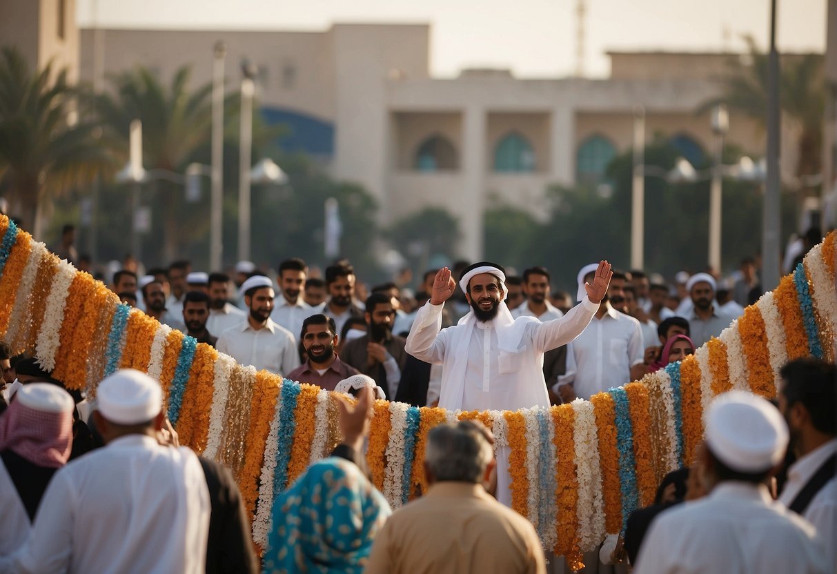 Colorful decorations adorn the streets, with people joyfully gathering for Prophet Muhammad's birthday celebrations in the UAE. The air is filled with the sound of music and laughter, as families come together to commemorate this special occasion