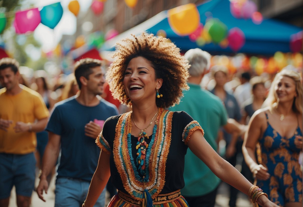 लाइव संगीत, खाद्य विक्रेताओं और कला प्रदर्शन के साथ रंगीन सड़क उत्सव। जीवंत सजावट और सांस्कृतिक प्रदर्शनों से घिरे लोग सड़कों पर हंस रहे हैं और नाच रहे हैं