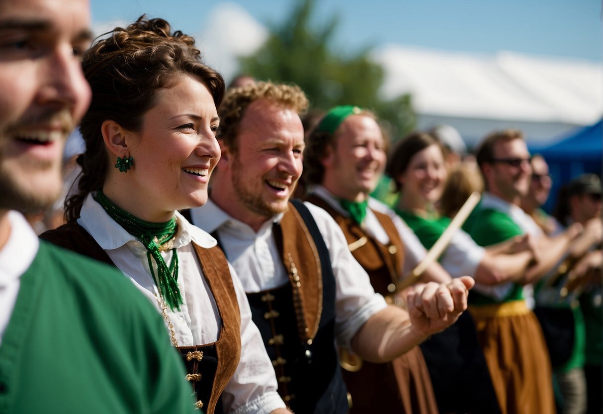 Crowds cheer as traditional Irish bands play on stage at a lively festival in the USA. Dancers twirl to the music while vendors sell Irish goods
