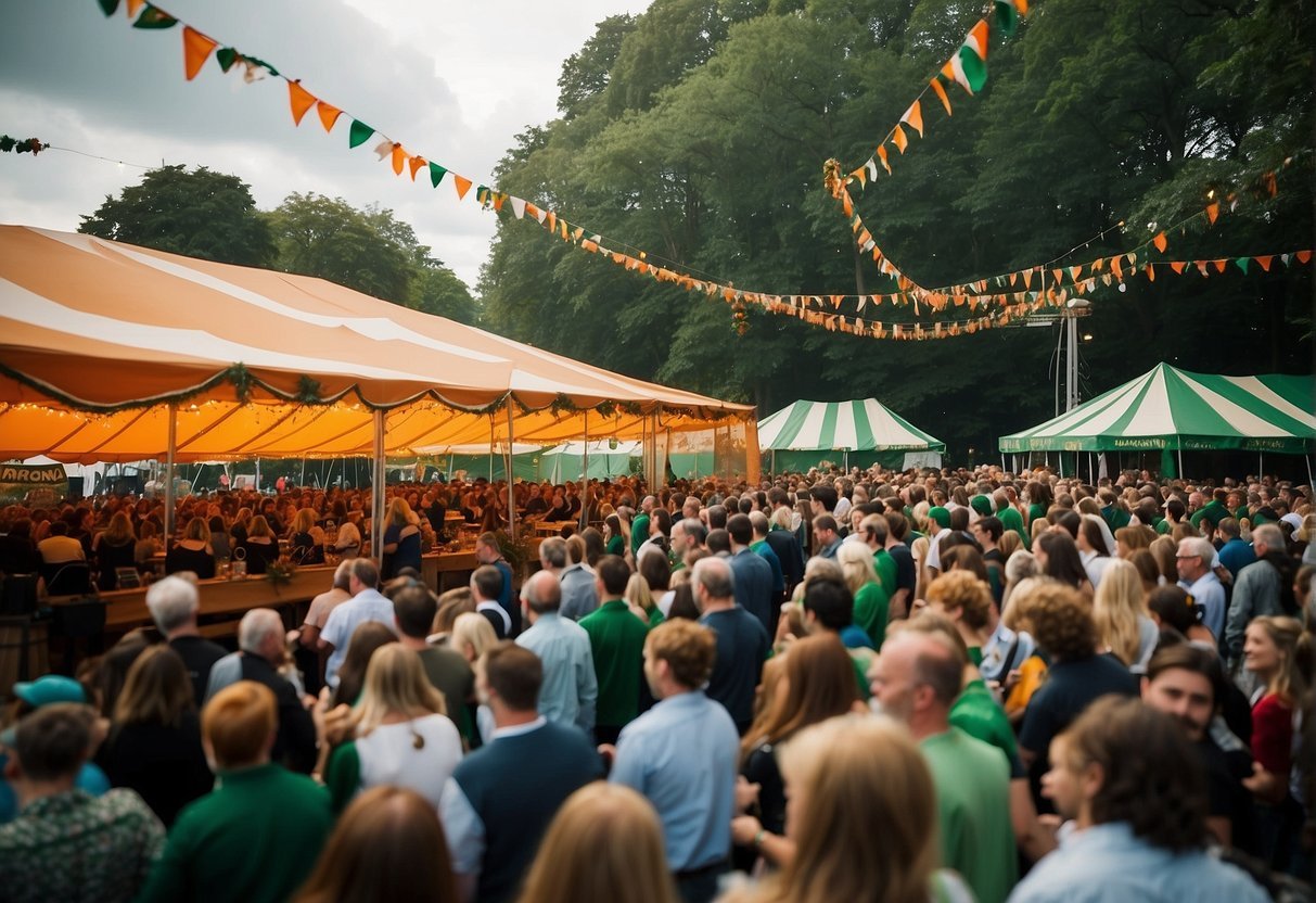 Crowds gather under a large tent, adorned with green and orange decorations. Musicians play traditional Irish music while dancers perform on a stage. Vendors sell Irish food and crafts, creating a lively and festive atmosphere