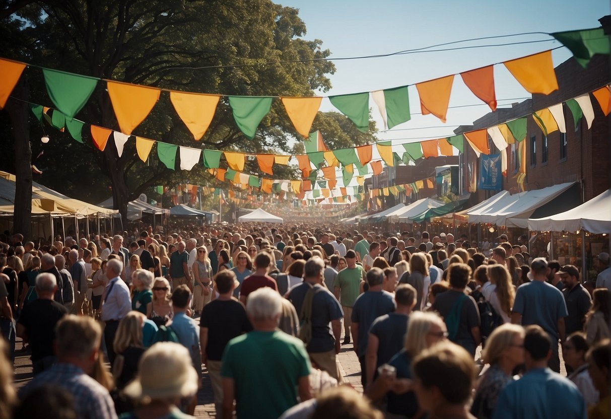 Crowds gather under colorful banners at an Irish festival in the USA, with live music, dancing, and vendors selling traditional food and crafts
