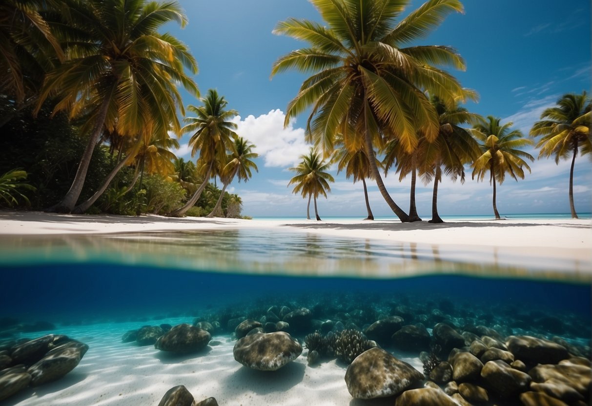 Crystal clear waters lap against white sandy beaches, while palm trees sway in the gentle breeze. Colorful coral reefs teem with marine life, and vibrant tropical flowers bloom in lush gardens