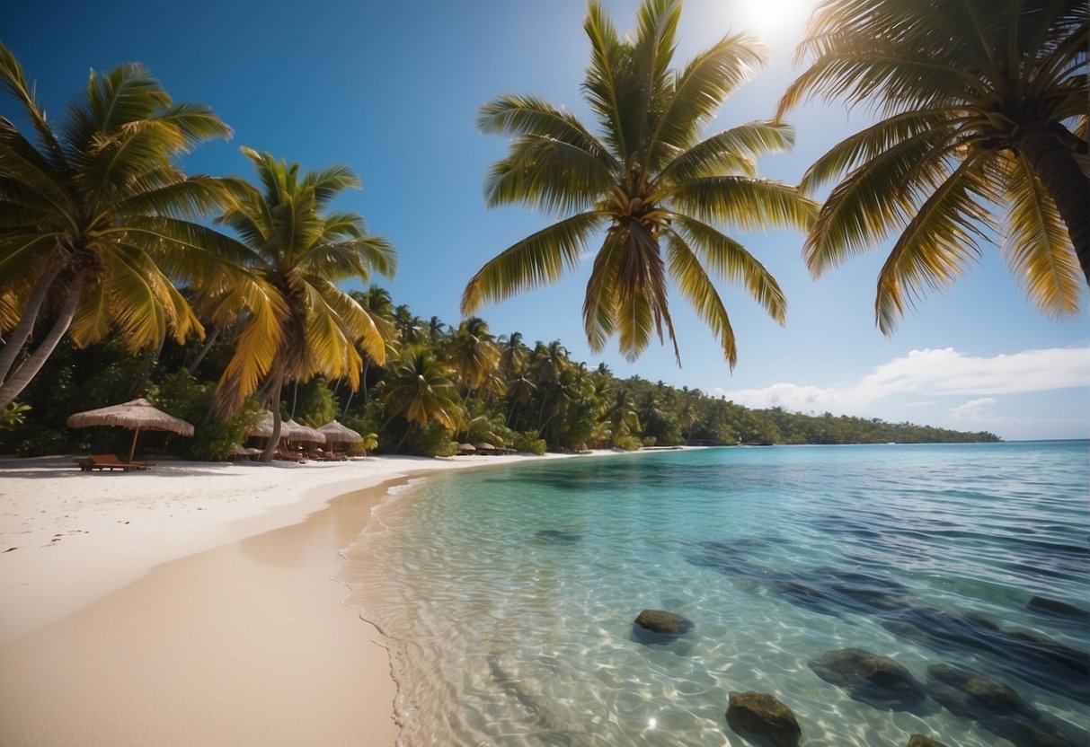 Crystal clear waters lap against white sandy beaches, framed by lush palm trees and colorful beach umbrellas. A vibrant coral reef teems with marine life just below the surface