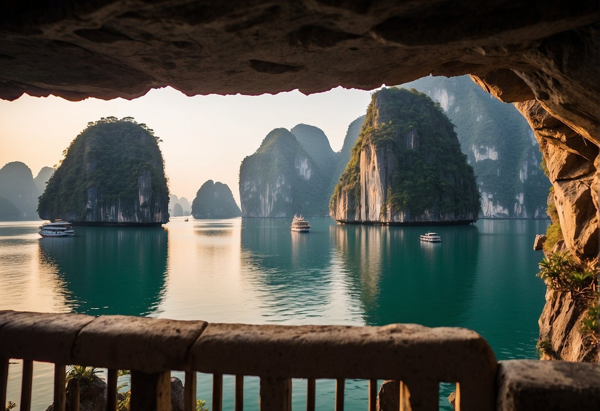 Crystal clear waters reflect towering limestone cliffs of Halong Bay, as elegant cruise ships navigate the tranquil sea. A colorful sunset casts a warm glow over the picturesque scene
