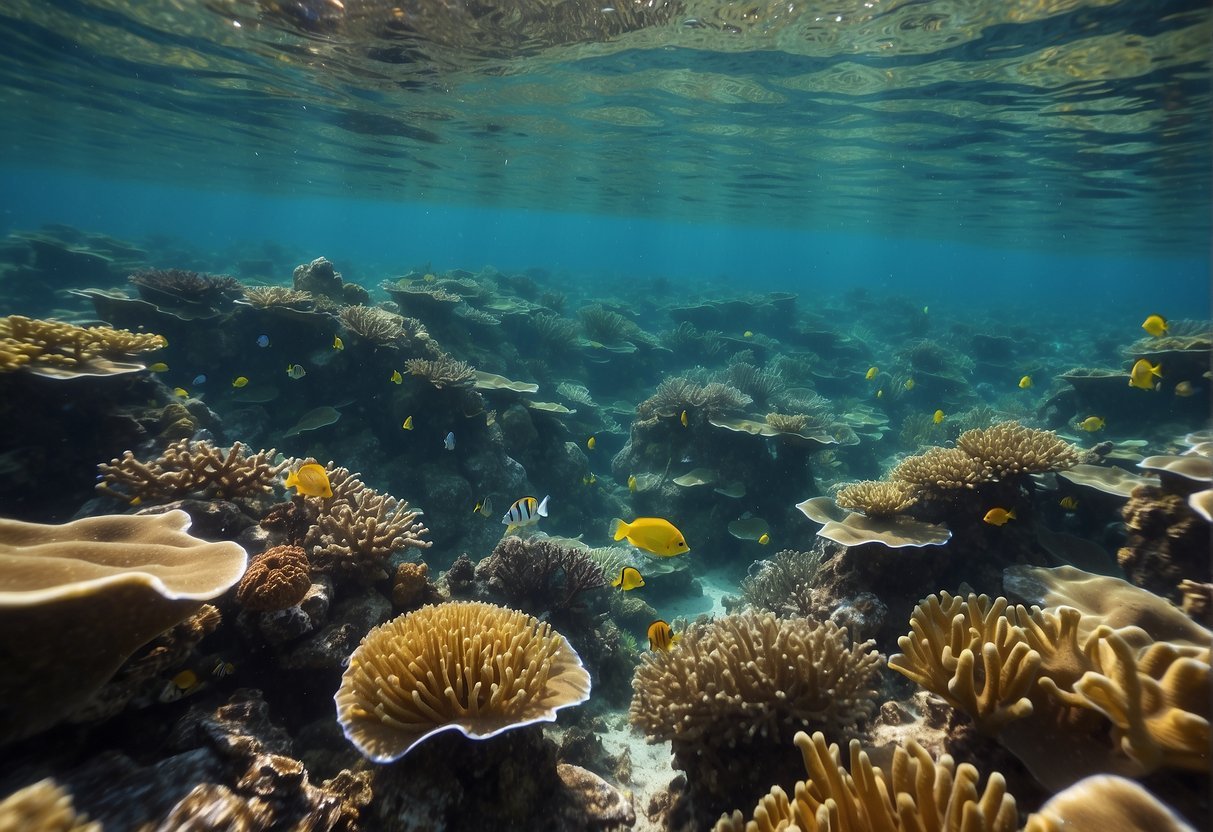水晶般清澈的海水展现出色彩缤纷的珊瑚和海洋生物。浮潜者探索海底，周围环绕着鱼群和摇曳的海藻