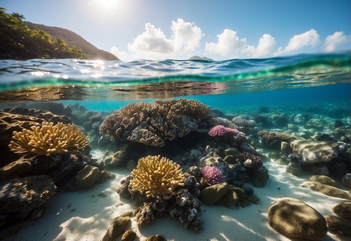 Crystal clear waters reveal colorful coral reefs and abundant marine life, with gentle waves lapping against the shore in St. John, US Virgin Islands
