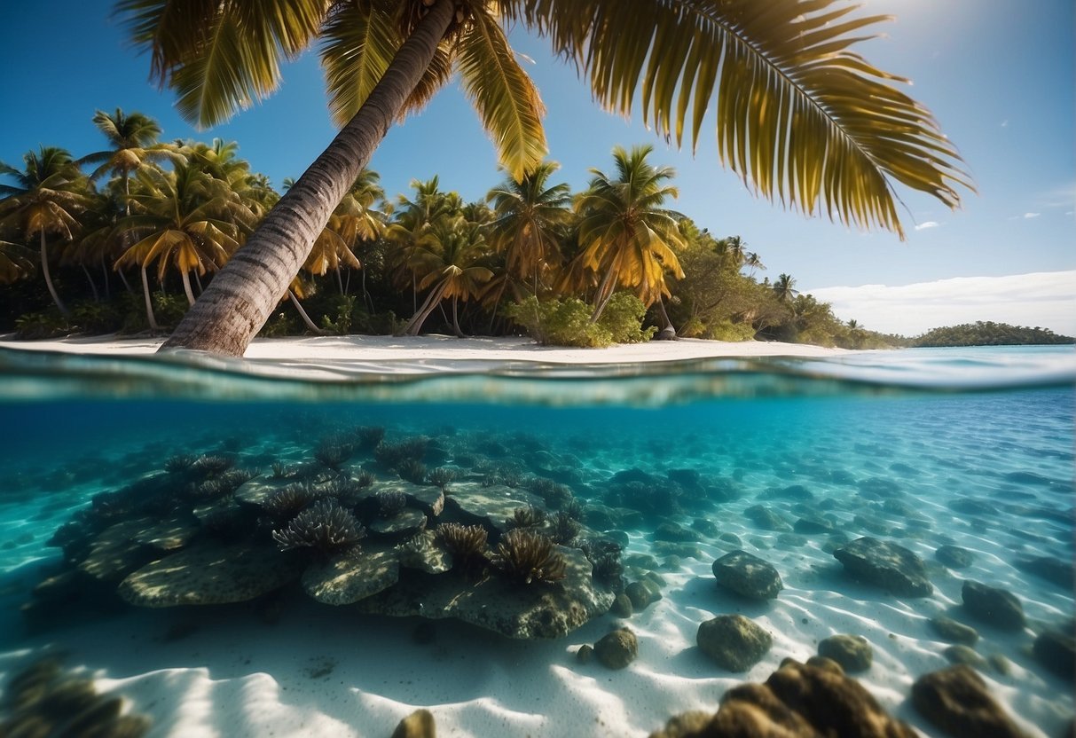 Crystal-clear waters surround a secluded island with palm trees and white sandy beaches. Colorful marine life can be seen swimming in the vibrant coral reefs below