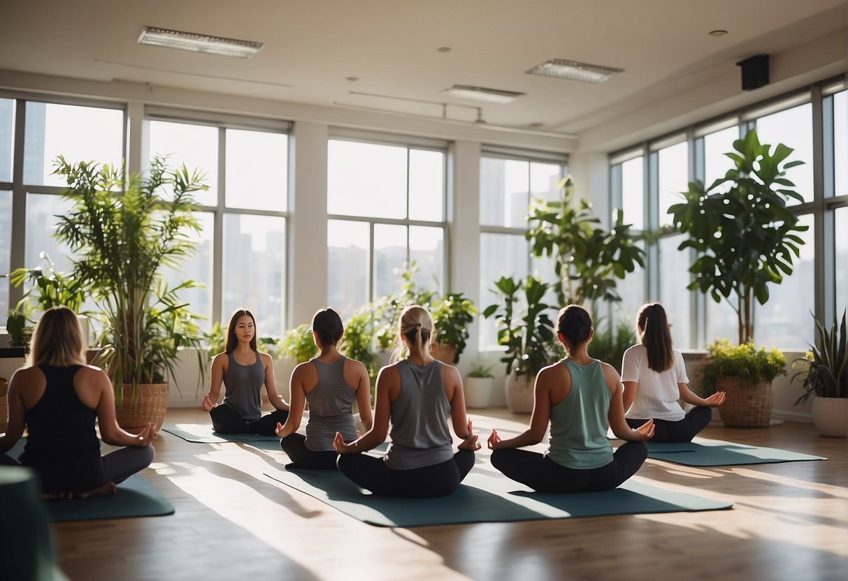 Employees engaging in yoga, meditation, and group therapy sessions in a bright, open office space with plants and natural light