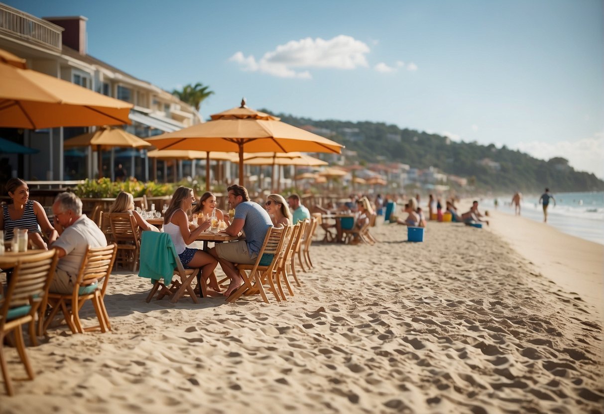 Families dining at waterfront restaurants, children playing in the sand, parents shopping at beachside boutiques, and couples lounging in beach chairs