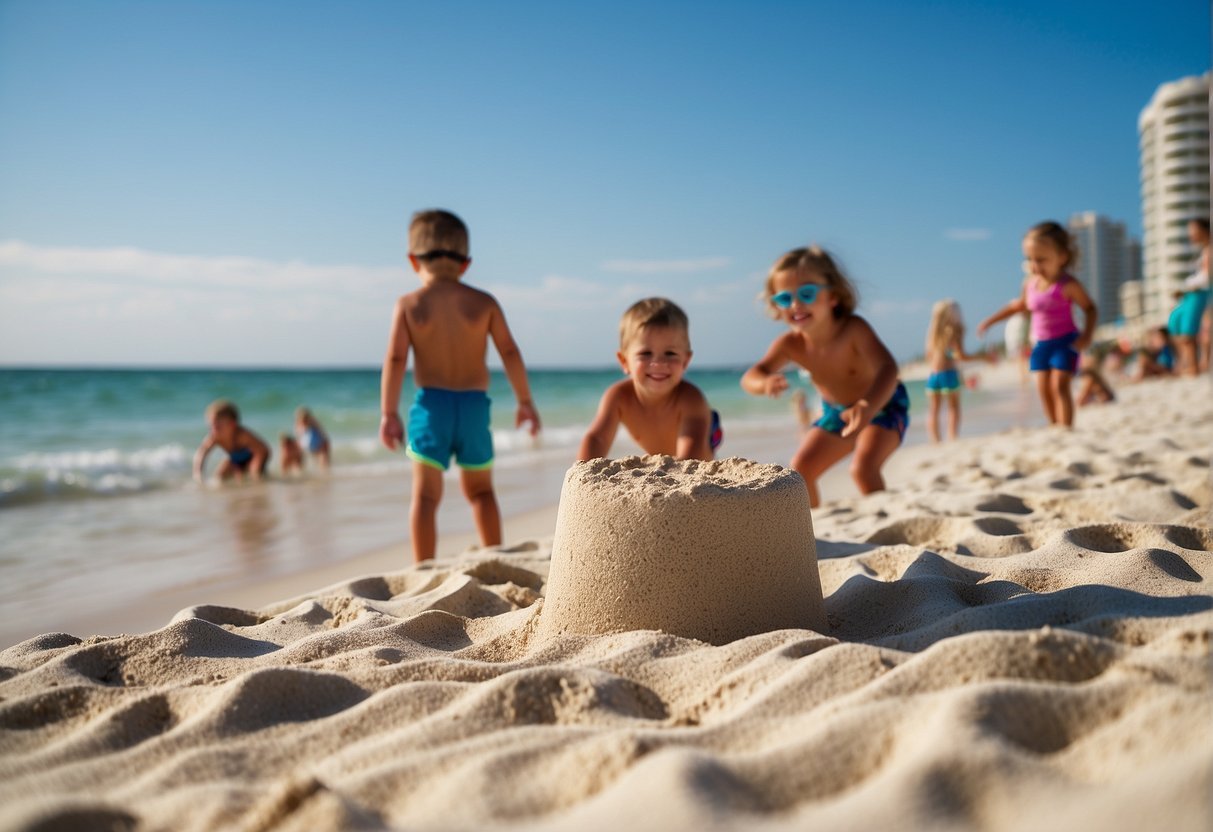 Families enjoying beach activities, like building sandcastles, playing beach volleyball, and swimming in the clear blue waters of Panama City Beach