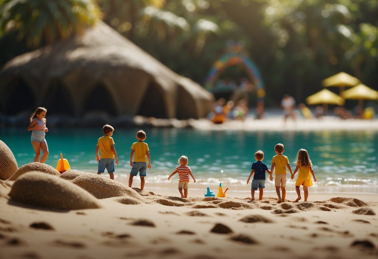 Families play on a sandy beach with crystal clear water, while others explore a lush rainforest, and some visit a magical theme park