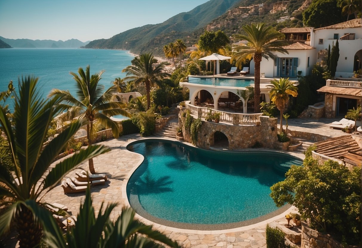 Five iconic summer destinations: a tropical beach with palm trees, a romantic vineyard with rolling hills, a bustling European city with cobblestone streets, a serene mountain lake surrounded by forests, and a luxurious resort with infinity pools and ocean views